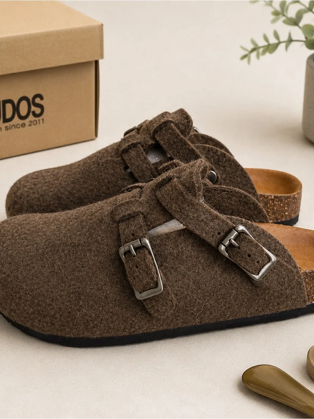 Men’s Brown Felt Slip-On Mules with Buckle